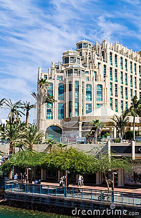 EILAT, ISRAEL â€“ November 7, 2017: The entrance to the Marina with the promenade and Hilton Hotel Complex on the background Editorial Stock Photo